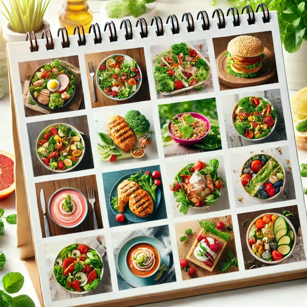 DALL·E 2025 01 22 19.09.58 A clean and bright image featuring a calendar at the center each day showing a vibrant healthy meal. Remove any numbers from the calendar squares and