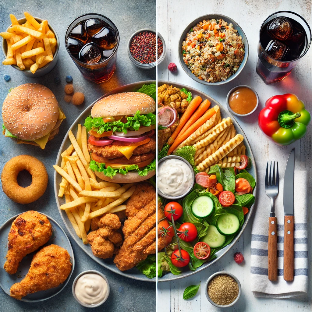 DALL·E 2025 01 22 19.21.24 A split image comparison showing two different eating habits. On the left side an overloaded plate is filled with unhealthy high calorie foods like