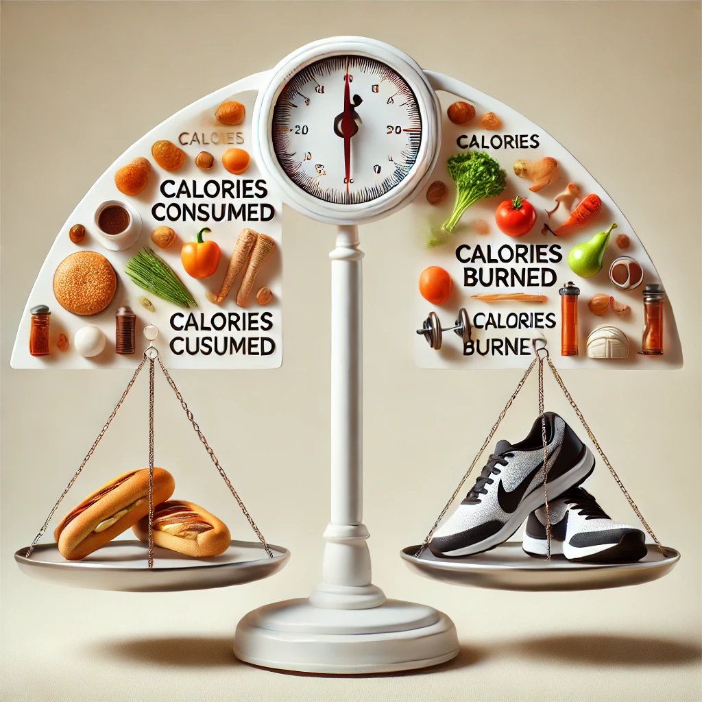 DALL·E 2025 01 22 19.31.06 A conceptual image depicting the concept of caloric deficit. A balanced scale is shown with one side representing calories consumed illustrated by a