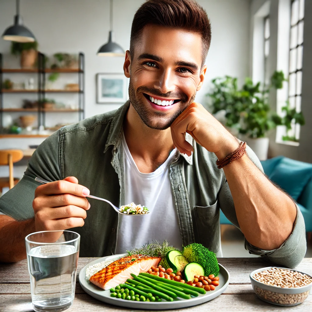 DALL·E 2025 01 22 19.38.23 A realistic image of a smiling person sitting at a table enjoying a balanced nutrient dense low calorie meal. The meal includes fresh vegetables l