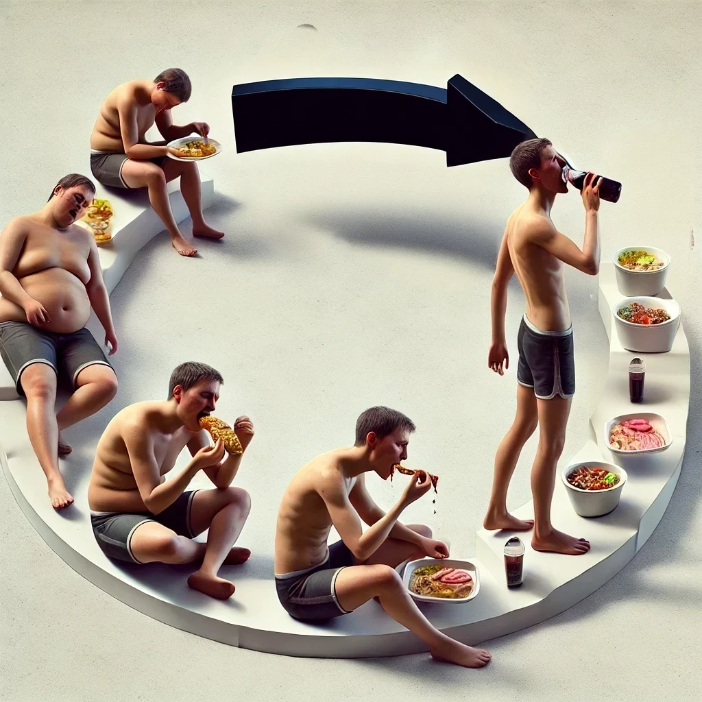 DALL·E 2025 01 22 20.05.27 A refined conceptual image illustrating the endless cycle of diet myths with properly sized sharp and clear arrows pointing in a smooth continuous