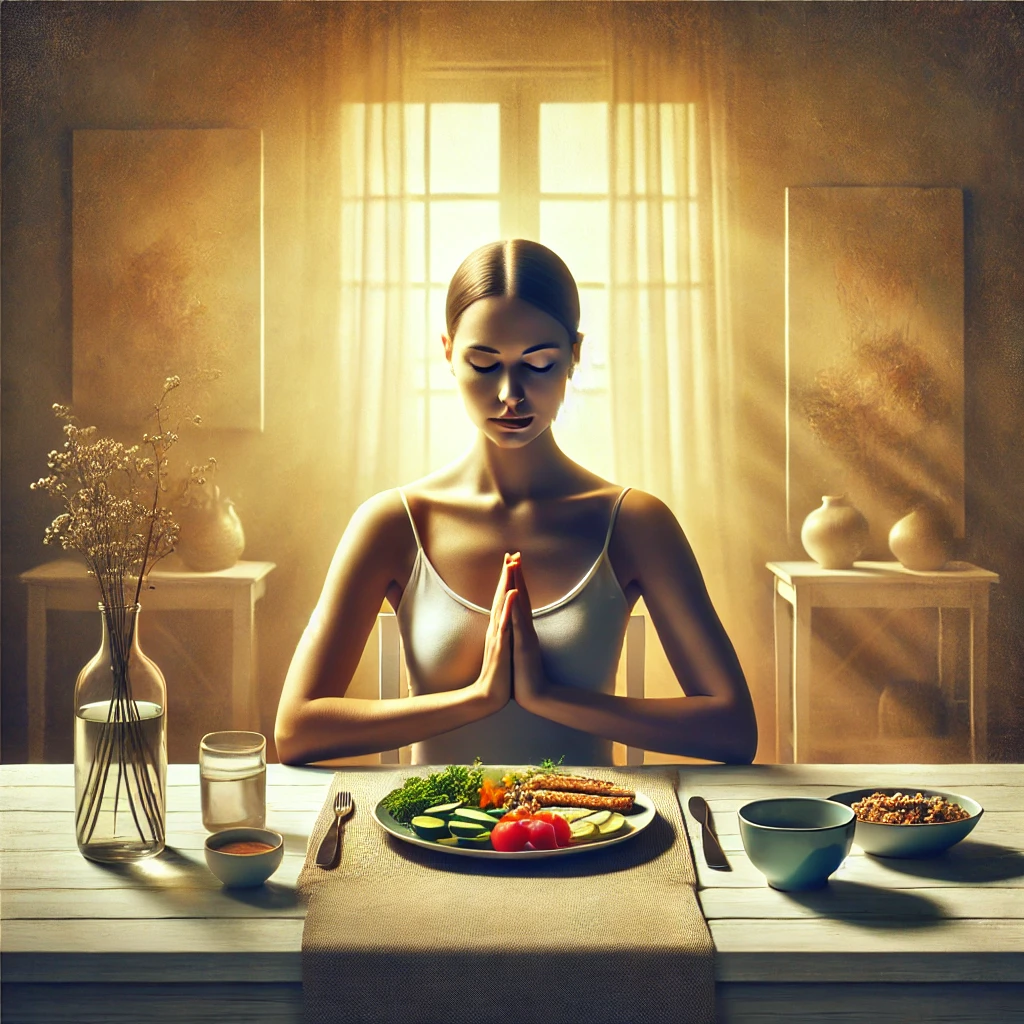 DALL·E 2025 01 22 20.28.28 A serene and artistic depiction of a person practicing mindfulness before eating. The individual is seated at a dining table with a healthy well bala